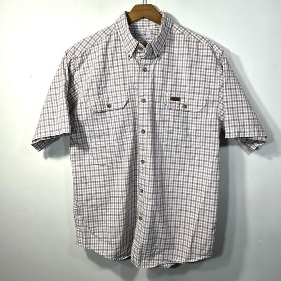 Carhartt Mens L Shirt Work Relaxed Button Up Short Sleeve White Chambray Plaid - Picture 1 of 8